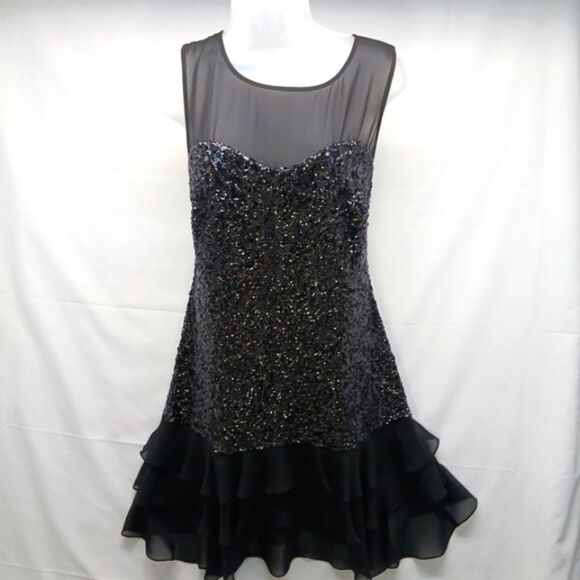 Jessica Simpson Sparkle Sequined Bodycon Midi Sheer Ruffle Hem Zip Back Black 8. - Picture 1 of 11